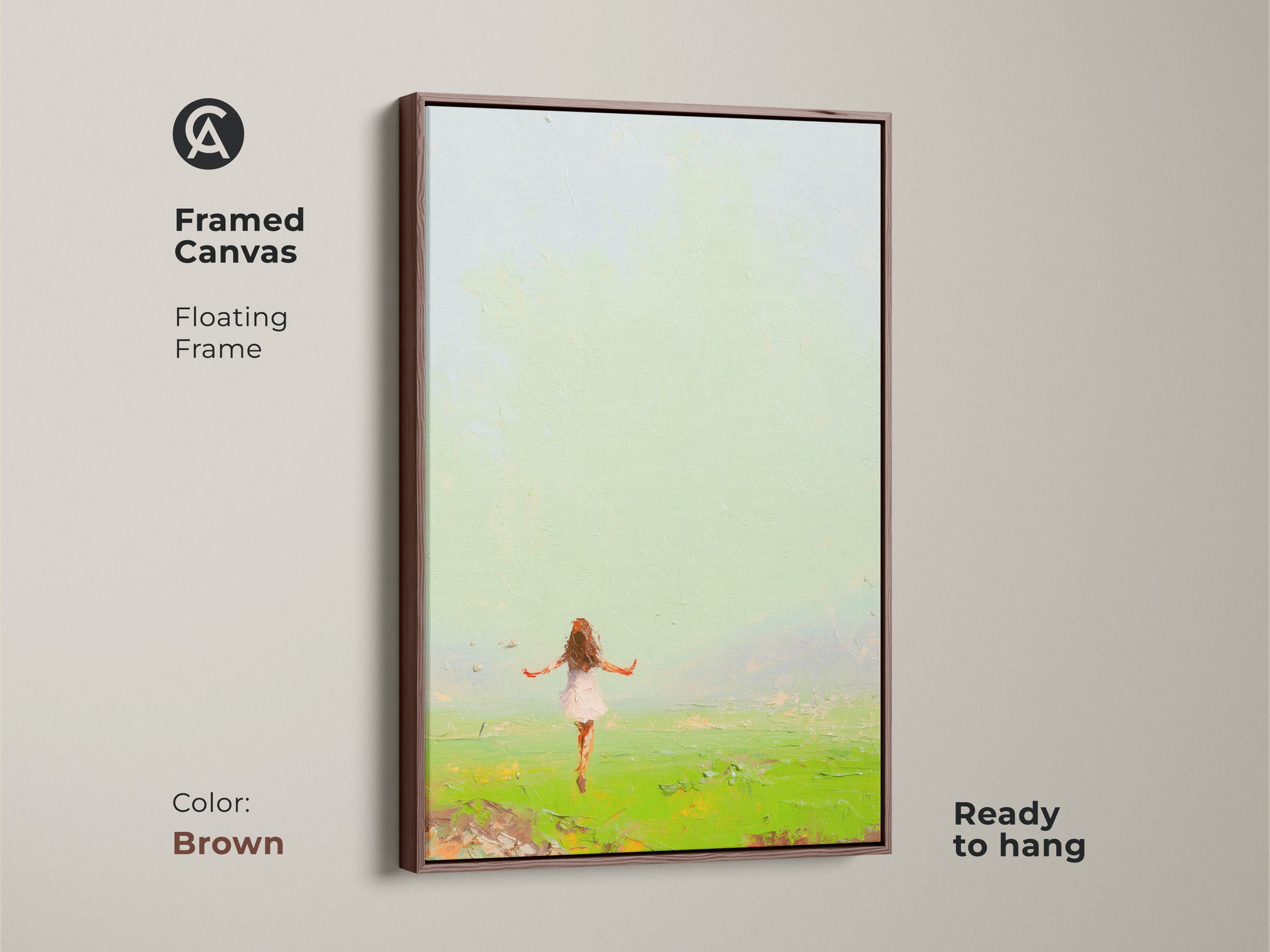 Transform your home with this framed canvas art print. This expressive girl in field painting brings nature's wonder to any room. The artwork features Emerald Green and Sky Blue tones. The brown floating frame complements the boho aesthetic. It is a perfect gift for dreamers and artists. Ready to hang.