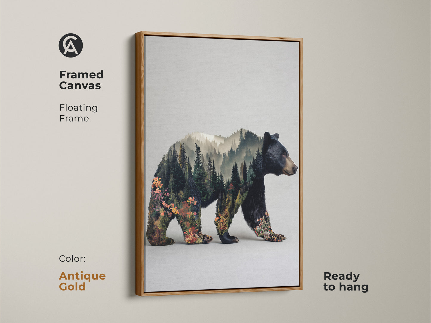 Antique gold framed canvas showcasing a bear double exposure. Floating frame highlights rustic modern animal art. This nature lovers gift idea is ready to hang. The forest landscape canvas print adds earthy tones. A unique home decor gift.
