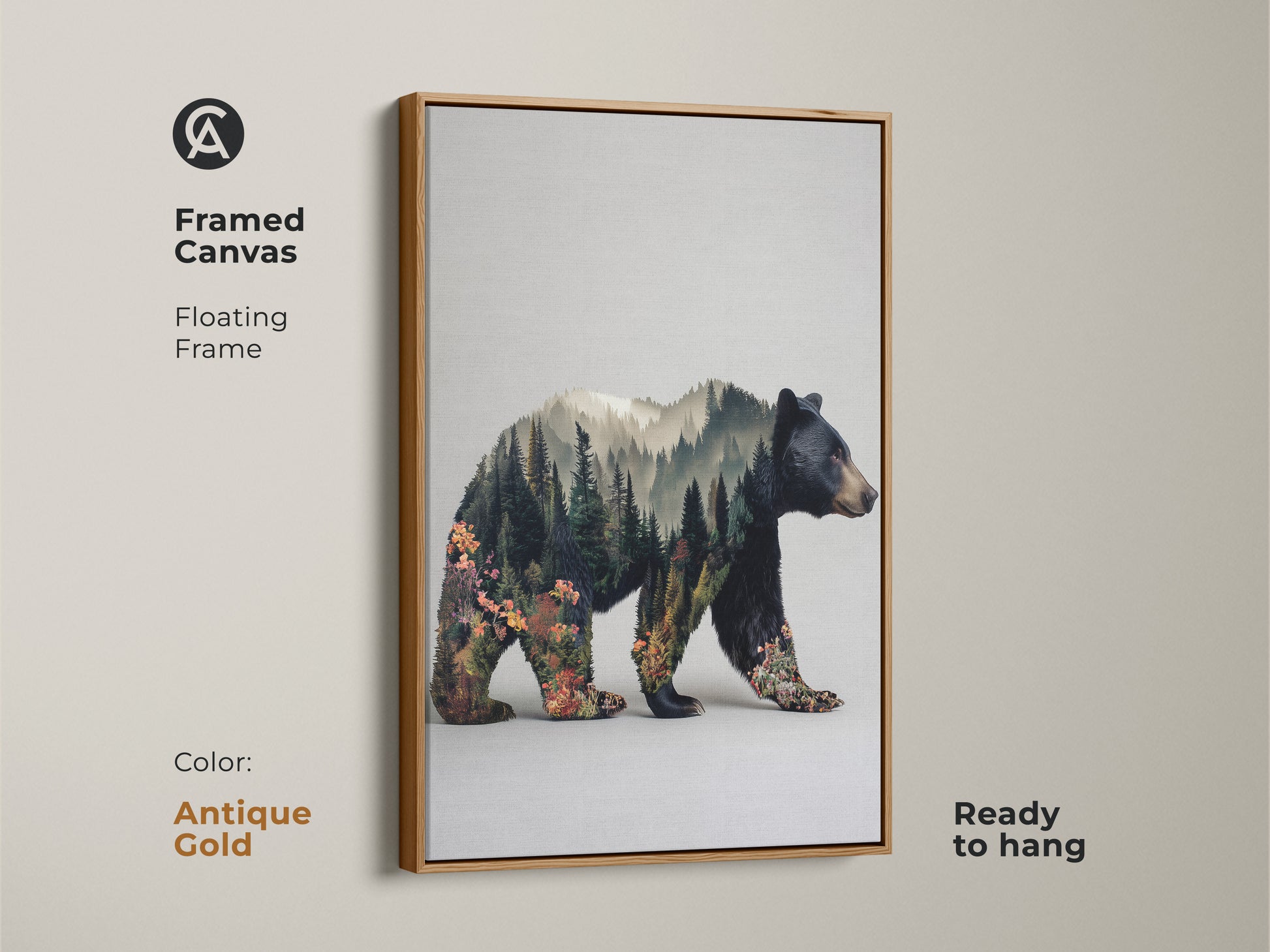 Antique gold framed canvas showcasing a bear double exposure. Floating frame highlights rustic modern animal art. This nature lovers gift idea is ready to hang. The forest landscape canvas print adds earthy tones. A unique home decor gift.