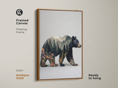 Antique gold framed canvas showcasing a bear double exposure. Floating frame highlights rustic modern animal art. This nature lovers gift idea is ready to hang. The forest landscape canvas print adds earthy tones. A unique home decor gift.