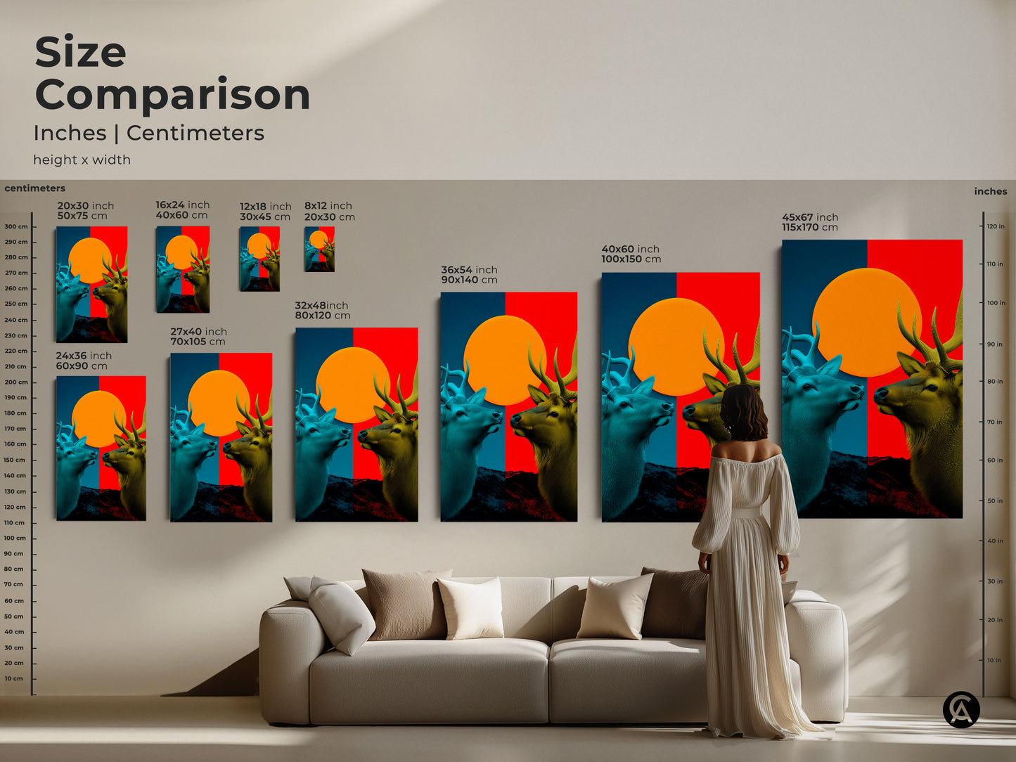 Sizing guide for Geometric Elk artwork showcasing various vertical canvas and poster sizes. Choose from small medium and large options. Find the perfect wall art for your home today.