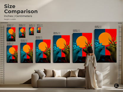 Sizing guide for Geometric Elk artwork showcasing various vertical canvas and poster sizes. Choose from small medium and large options. Find the perfect wall art for your home today.