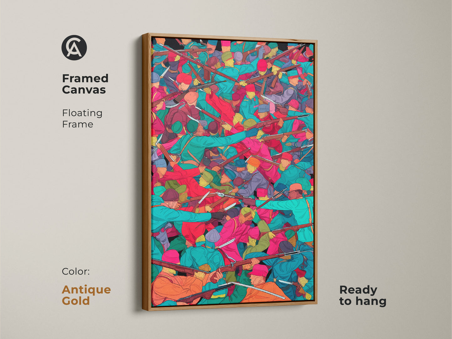 Framed canvas artwork showcasing a historical battle scene. Soldiers with muskets are illustrated in teal orange and red colors. The artwork features a floating antique gold frame and is ready to hang. It adds a unique and colorful touch to any room.