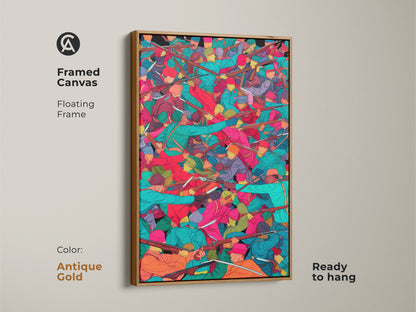 Framed canvas artwork showcasing a historical battle scene. Soldiers with muskets are illustrated in teal orange and red colors. The artwork features a floating antique gold frame and is ready to hang. It adds a unique and colorful touch to any room.