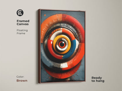 This shows the framed abstract eye canvas in a floating antique gold frame. The red orange blue artwork offers a psychedelic optical illusion. This vibrant home decor piece is perfect for an eclectic home. It's a striking piece of wall art for the office or living space. A unique concentric circles painting bringing modern geometric art.