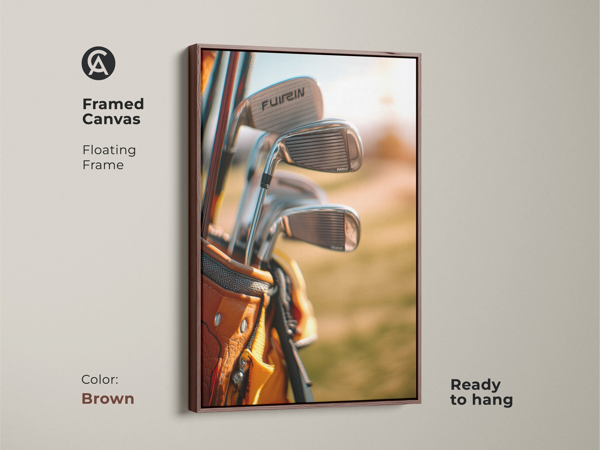 Framed canvas art of golf clubs in a tan golf bag with a floating brown frame. Ready to hang. This framed golf artwork is a stylish addition to any room. Perfect for sports art collectors