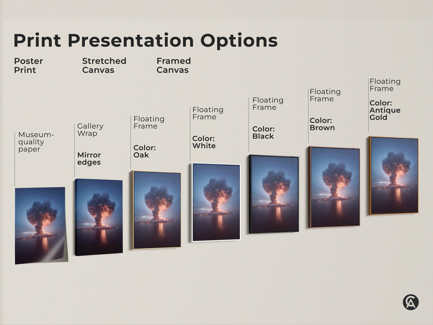 Explore print presentation options for this surreal Volcano Explosion Thunderstorm artwork. Choose from a poster print stretched canvas or framed canvas. Each style highlights the deep blue crimson and orange tones of this nature weather phenomenon.