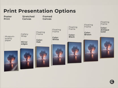 Explore print presentation options for this surreal Volcano Explosion Thunderstorm artwork. Choose from a poster print stretched canvas or framed canvas. Each style highlights the deep blue crimson and orange tones of this nature weather phenomenon.