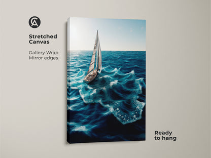 Stretched canvas of a sailboat on deep blue ocean waves. This nautical wall art has gallery wrapped mirror edges. Ready to hang coastal home decor for boat lovers. Brighten your space with this sailing ship artwork. A great ocean waves art print for any room.