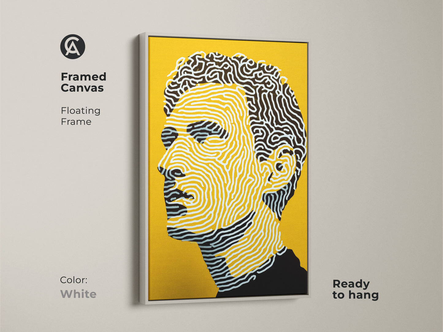 Framed canvas art print with a white floating frame. The modern portrait features a man's profile. The yellow background emphasizes the line art. It is ready to hang. Freshen your space with this clean art piece.