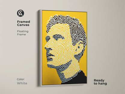Framed canvas art print with a white floating frame. The modern portrait features a man's profile. The yellow background emphasizes the line art. It is ready to hang. Freshen your space with this clean art piece.