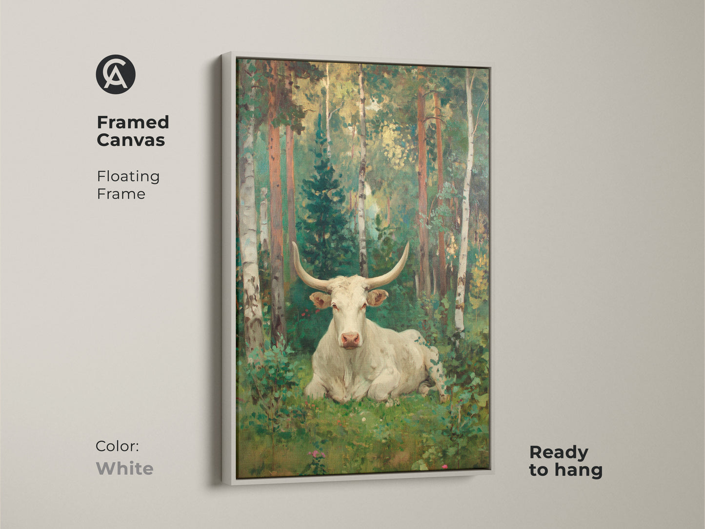 Framed canvas art featuring a white longhorn bull in a forest. The white floating frame gives a clean modern look to this classic pastoral artwork. Ready to hang this piece will brighten any room.