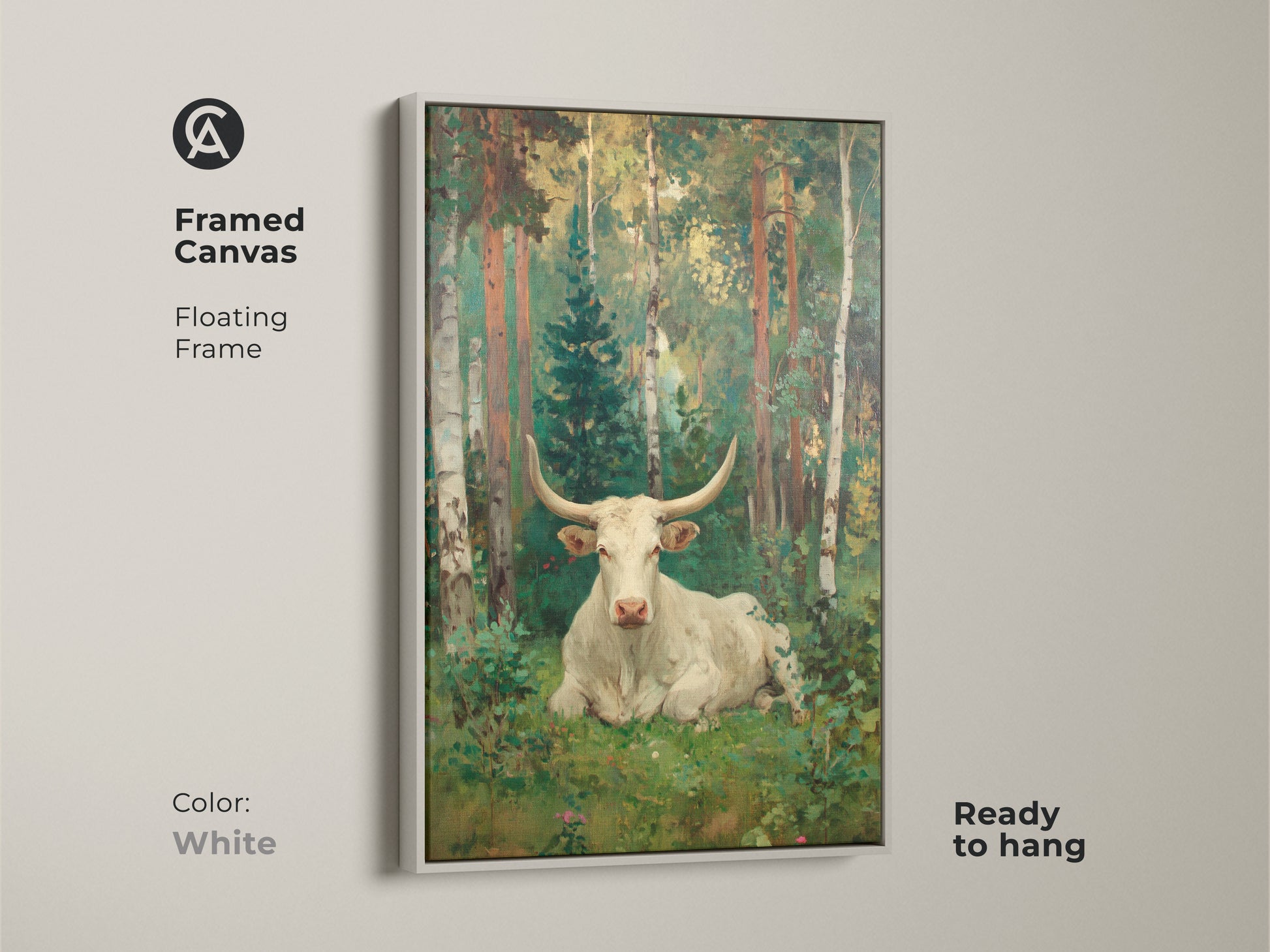 Framed canvas art featuring a white longhorn bull in a forest. The white floating frame gives a clean modern look to this classic pastoral artwork. Ready to hang this piece will brighten any room.