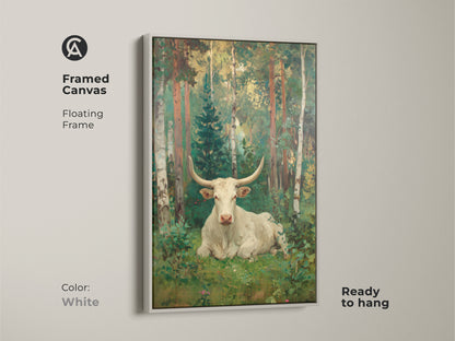 Framed canvas art featuring a white longhorn bull in a forest. The white floating frame gives a clean modern look to this classic pastoral artwork. Ready to hang this piece will brighten any room.