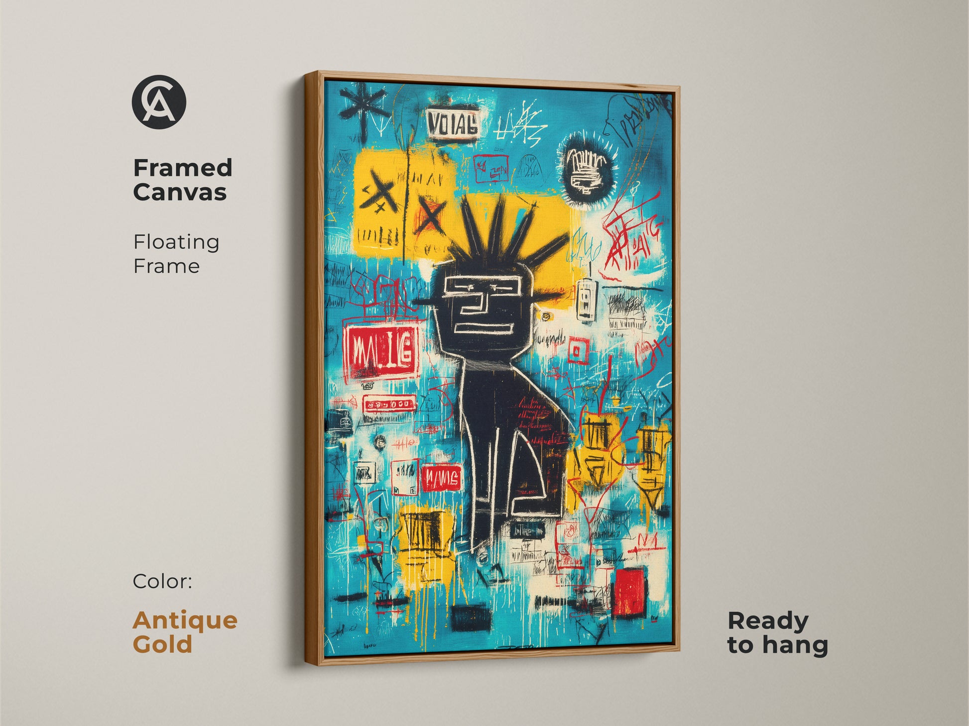 Framed canvas art featuring Basquiat-inspired graffiti. The art is presented in an antique gold floating frame. Ready to hang this piece adds a touch of sophistication. The antique gold frame complements the artwork.