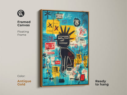 Framed canvas art featuring Basquiat-inspired graffiti. The art is presented in an antique gold floating frame. Ready to hang this piece adds a touch of sophistication. The antique gold frame complements the artwork.