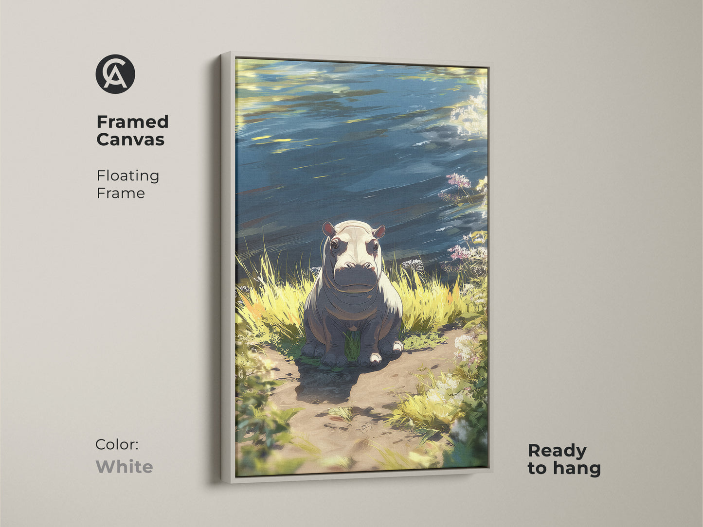 Framed canvas showcasing a baby hippopotamus in a blue and green landscape. The floating frame is white and ready to hang. This nature inspired wall hanging is perfect for kids or nursery decor. It’s eclectic art.