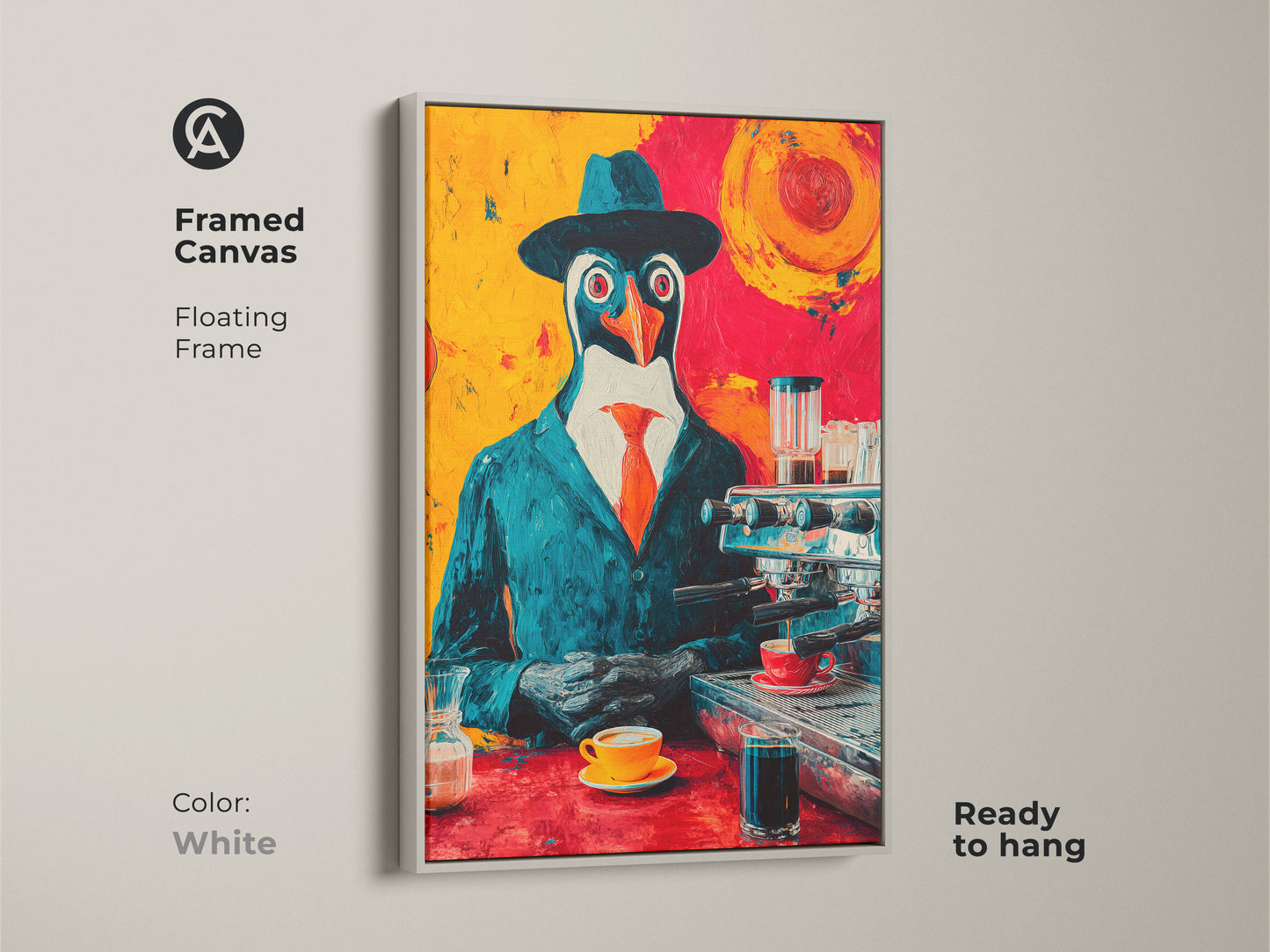 Framed canvas of the penguin barista pop art with a white floating frame. This unique canvas print features a dapper penguin in a pop art style. It's ready to hang. The animal art is perfect for adding a touch of humor to any home bar or cafe. A conversation starter.