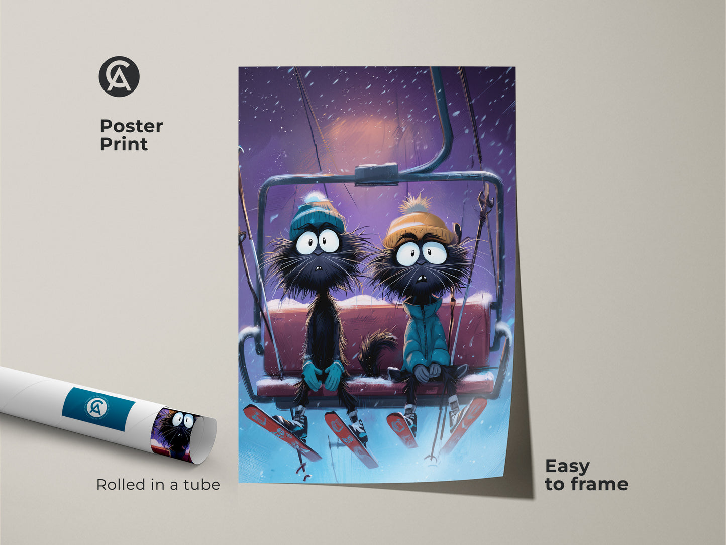This poster print showcases a quirky cat couple on a ski lift. It's easy to frame. The winter cat couple art print is rolled in a tube for protection. This funny animal cartoon decor brings a smile. It's perfect for a cat themed gift. The teal orange purple artwork is for home decor.