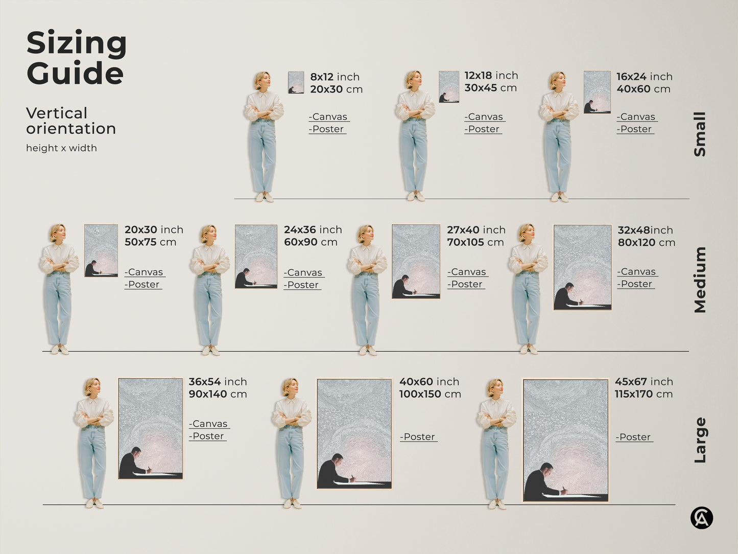 Sizing guide for modern office wall art featuring an abstract man writing. The conceptual art print is available as canvas or poster in multiple sizes. Choose the perfect minimalist silver white art for your space