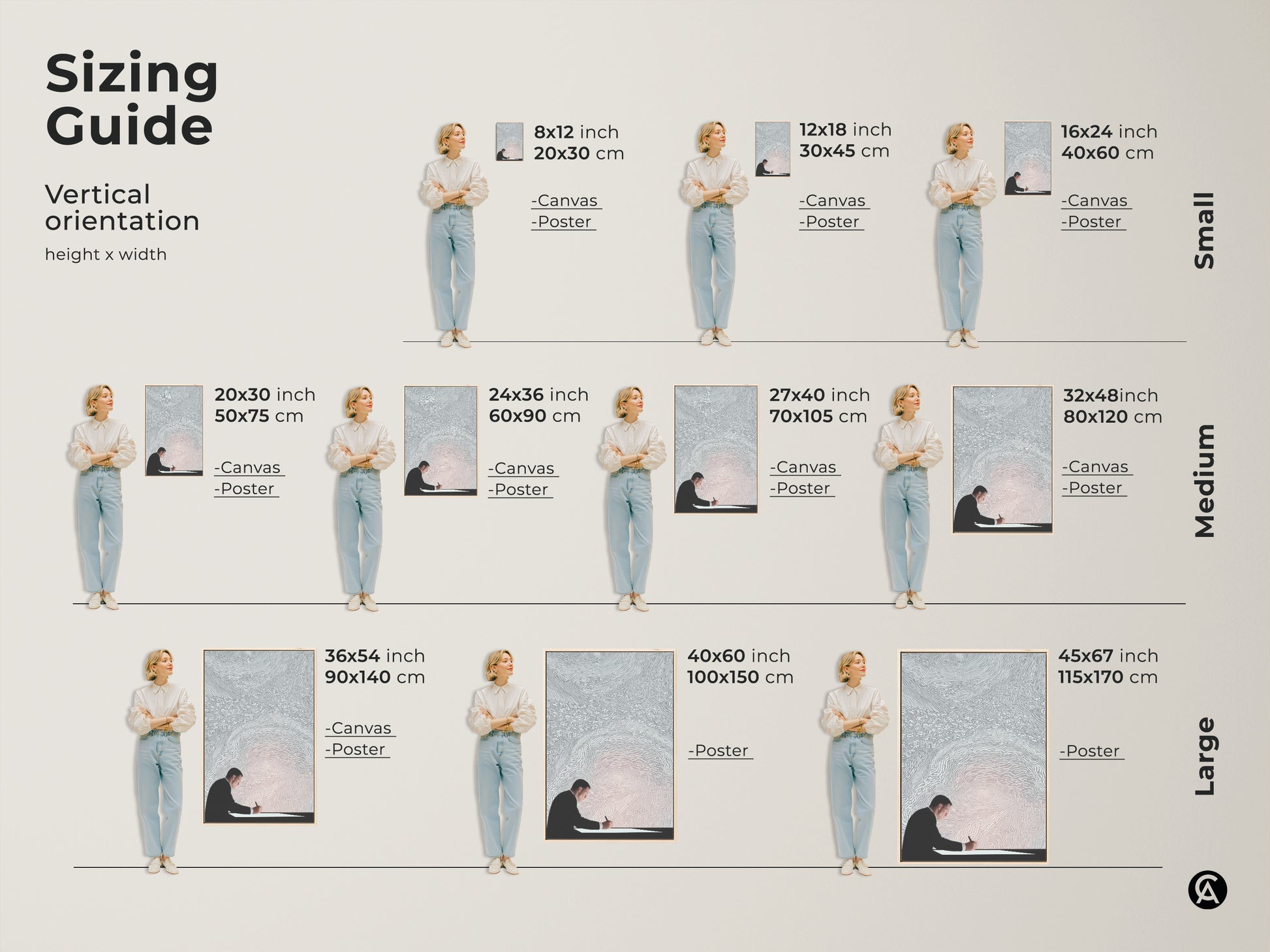 Sizing guide for modern office wall art featuring an abstract man writing. The conceptual art print is available as canvas or poster in multiple sizes. Choose the perfect minimalist silver white art for your space