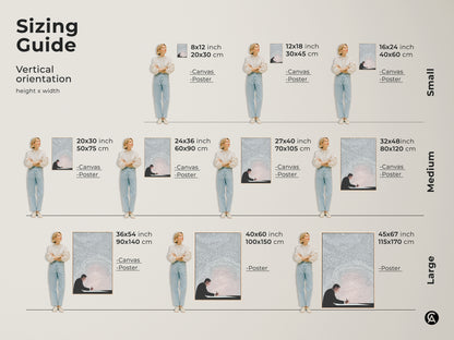 Sizing guide for modern office wall art featuring an abstract man writing. The conceptual art print is available as canvas or poster in multiple sizes. Choose the perfect minimalist silver white art for your space