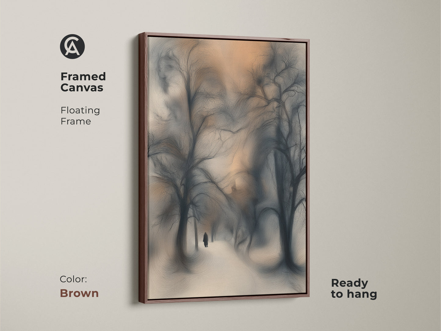 Framed in brown this canvas print shows an atmospheric winter landscape. The art displays blue gray orange tones. A solitary figure walks a snowy path. This nature scene is ready to hang adding cozy art to your home.
