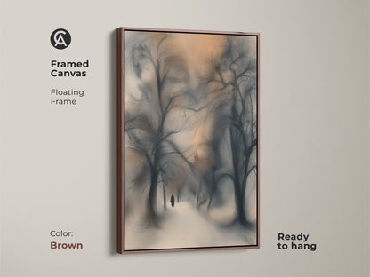 Framed in brown this canvas print shows an atmospheric winter landscape. The art displays blue gray orange tones. A solitary figure walks a snowy path. This nature scene is ready to hang adding cozy art to your home.
