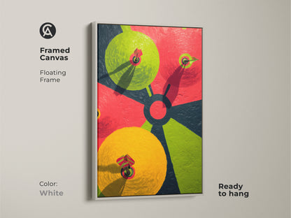 The abstract dartboard canvas artwork features a floating white frame. It's a modern geometric wall decor piece. The lime green red and blue artwork brings a clean look to any room ready to hang.