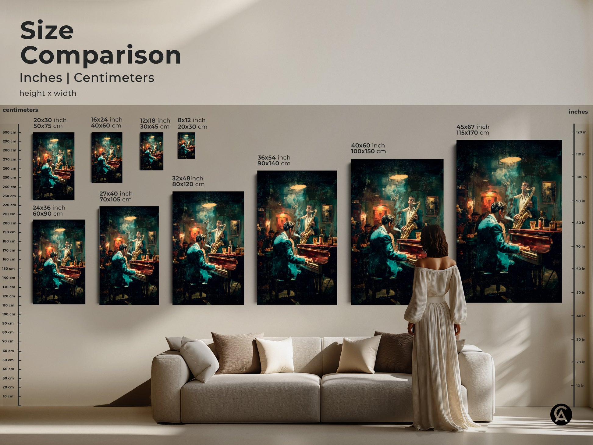 Compare sizes of the jazz artwork featuring a pianist and saxophonist. Options range from small to extra-large to fit any room. See how this artwork can transform your space and bring the soulful essence of jazz into your home decor today.