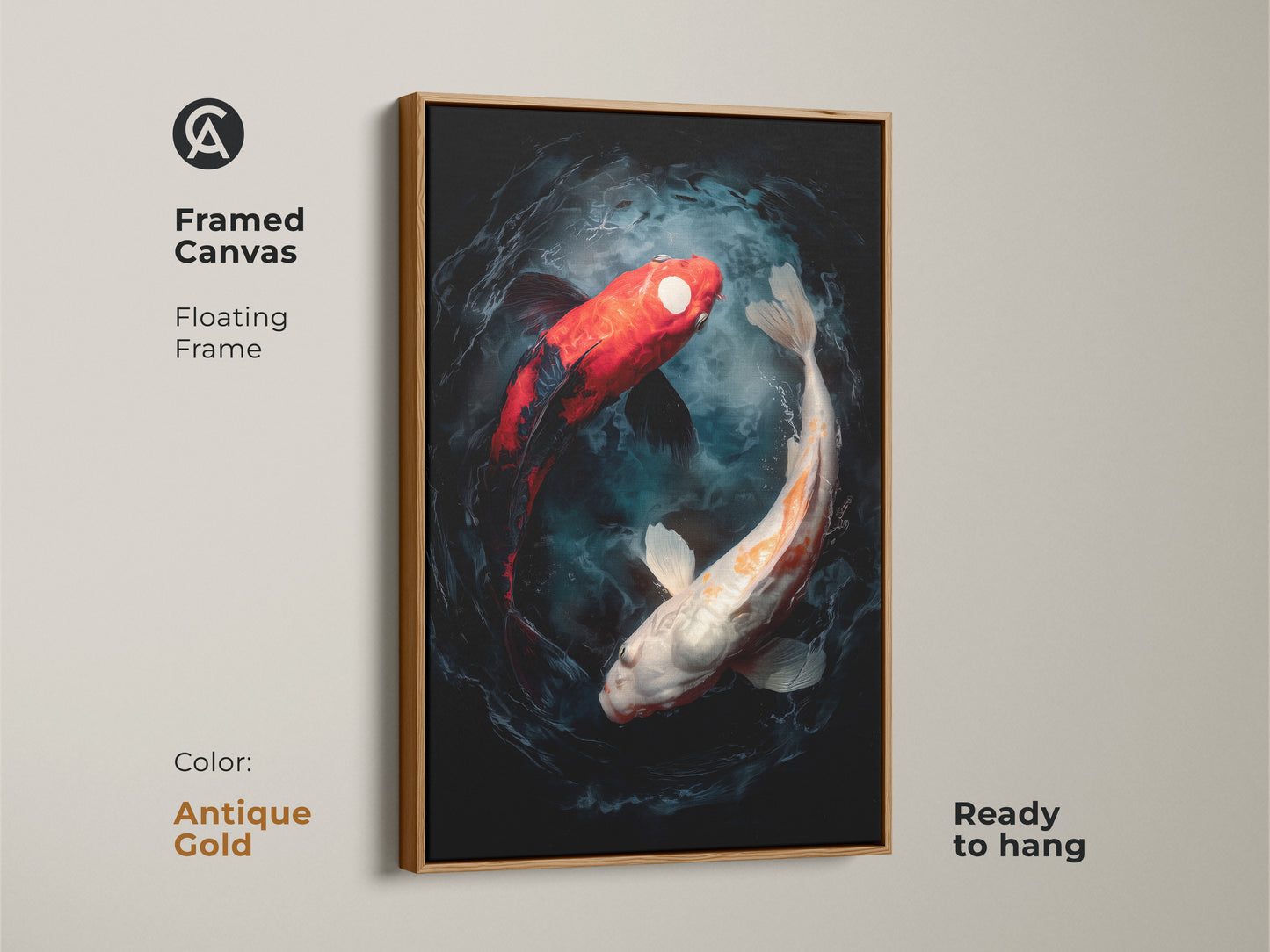 A framed canvas print of two koi fish swimming in a yin and yang formation. The artwork is modern and the frame is antique gold. This floating frame canvas art is ready to hang