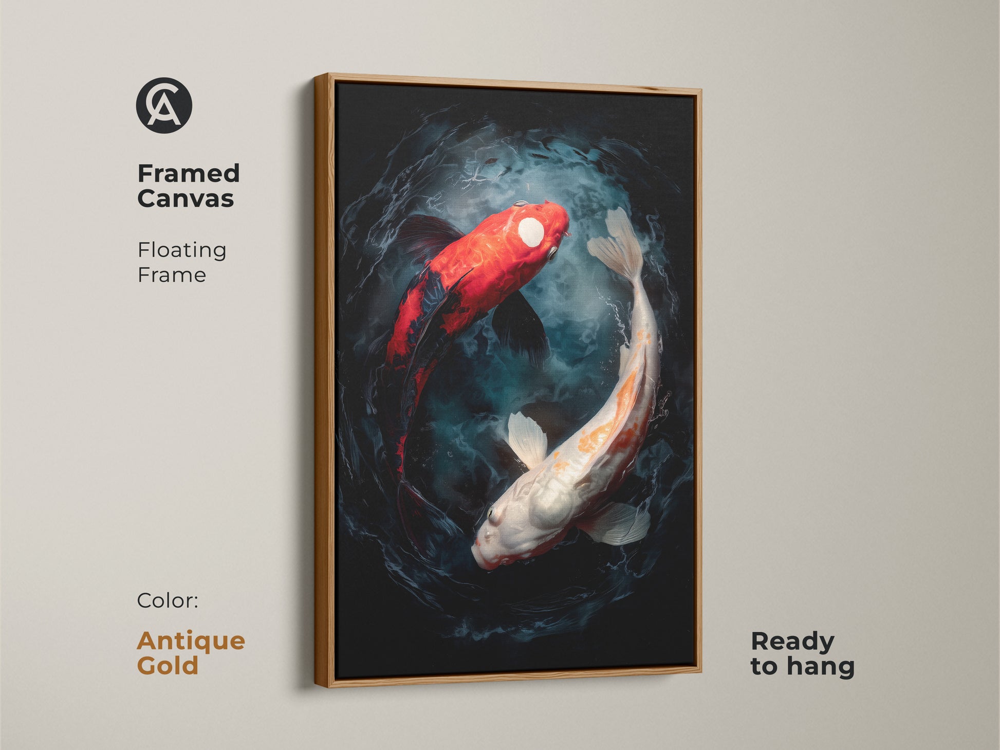 A framed canvas print of two koi fish swimming in a yin and yang formation. The artwork is modern and the frame is antique gold. This floating frame canvas art is ready to hang