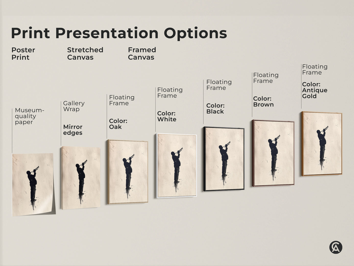 Explore jazz art print options. Choose from poster prints stretched canvas and framed canvas. Each features a silhouette of a musician playing a trumpet. Find your perfect piece.