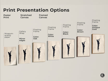Explore jazz art print options. Choose from poster prints stretched canvas and framed canvas. Each features a silhouette of a musician playing a trumpet. Find your perfect piece.