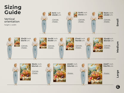 Sizing guide for vertical orientation art prints. Find the perfect fit for your space. Featuring canvas and poster options. Sizes range from small medium and large. Includes fruit basket artwork examples for reference.
