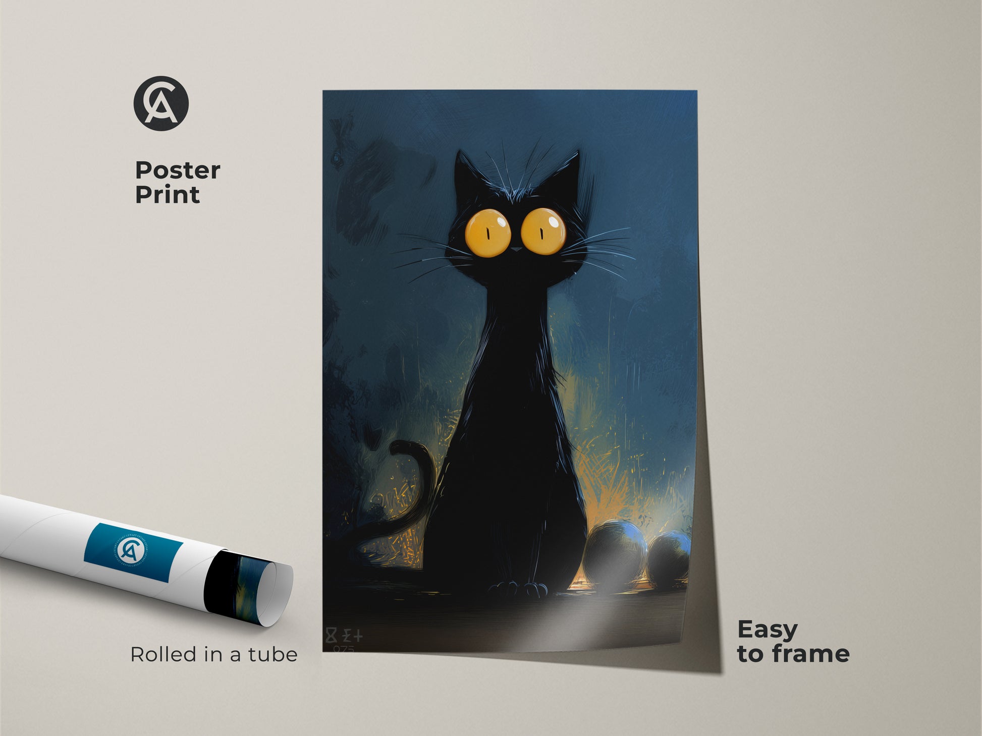 A spooky black cat poster print. This gothic home decor art is perfect for Halloween. The cat has big yellow eyes. It's a unique cat poster for dark academia wall art. Easy to frame and display.