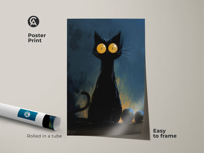 A spooky black cat poster print. This gothic home decor art is perfect for Halloween. The cat has big yellow eyes. It's a unique cat poster for dark academia wall art. Easy to frame and display.