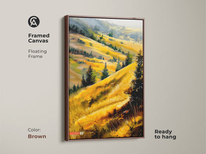 Framed canvas art featuring sunlit golden hills. Brown floating frame complements the yellow gold accent decor. Impressionist trees canvas print. Perfect for farmhouse style wall art. Bring the outdoors inside.