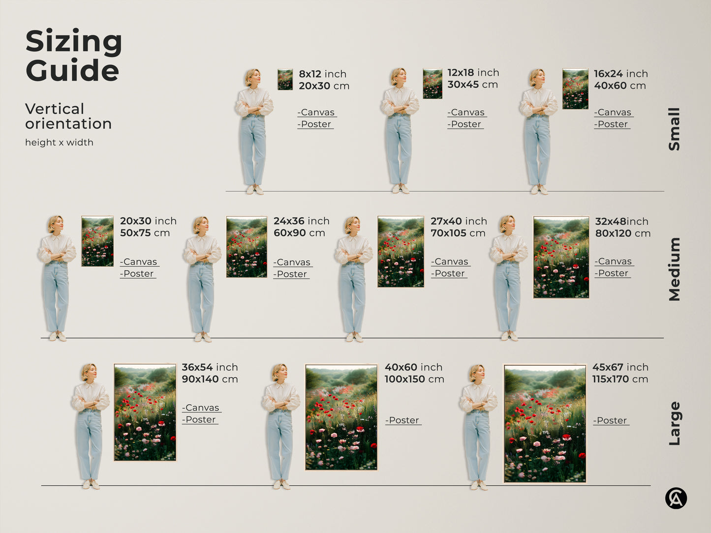 Sizing guide for vertical poppy field canvas and poster prints. Available in small medium and large sizes. Find the perfect fit for your wall art needs. Enhance your space with floral artwork.