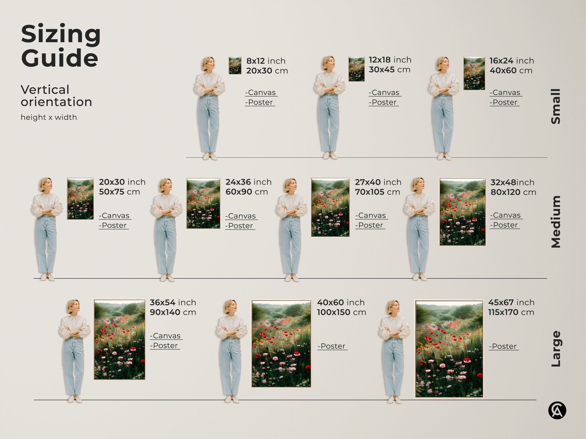 Sizing guide for vertical poppy field canvas and poster prints. Available in small medium and large sizes. Find the perfect fit for your wall art needs. Enhance your space with floral artwork.