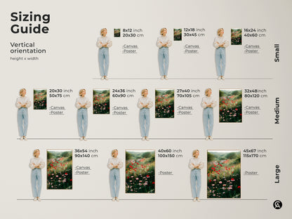 Sizing guide for vertical poppy field canvas and poster prints. Available in small medium and large sizes. Find the perfect fit for your wall art needs. Enhance your space with floral artwork.