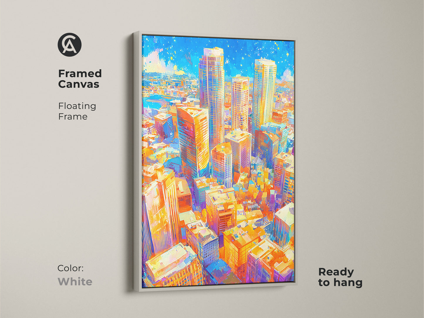 Framed canvas featuring vibrant cityscape art with a floating frame in white color. This ready-to-hang piece adds a modern touch to your home decor. The colorful urban artwork brings a lively feel to any space. It is perfect for art enthusiasts.