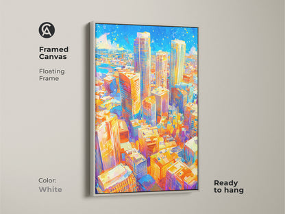 Framed canvas featuring vibrant cityscape art with a floating frame in white color. This ready-to-hang piece adds a modern touch to your home decor. The colorful urban artwork brings a lively feel to any space. It is perfect for art enthusiasts.