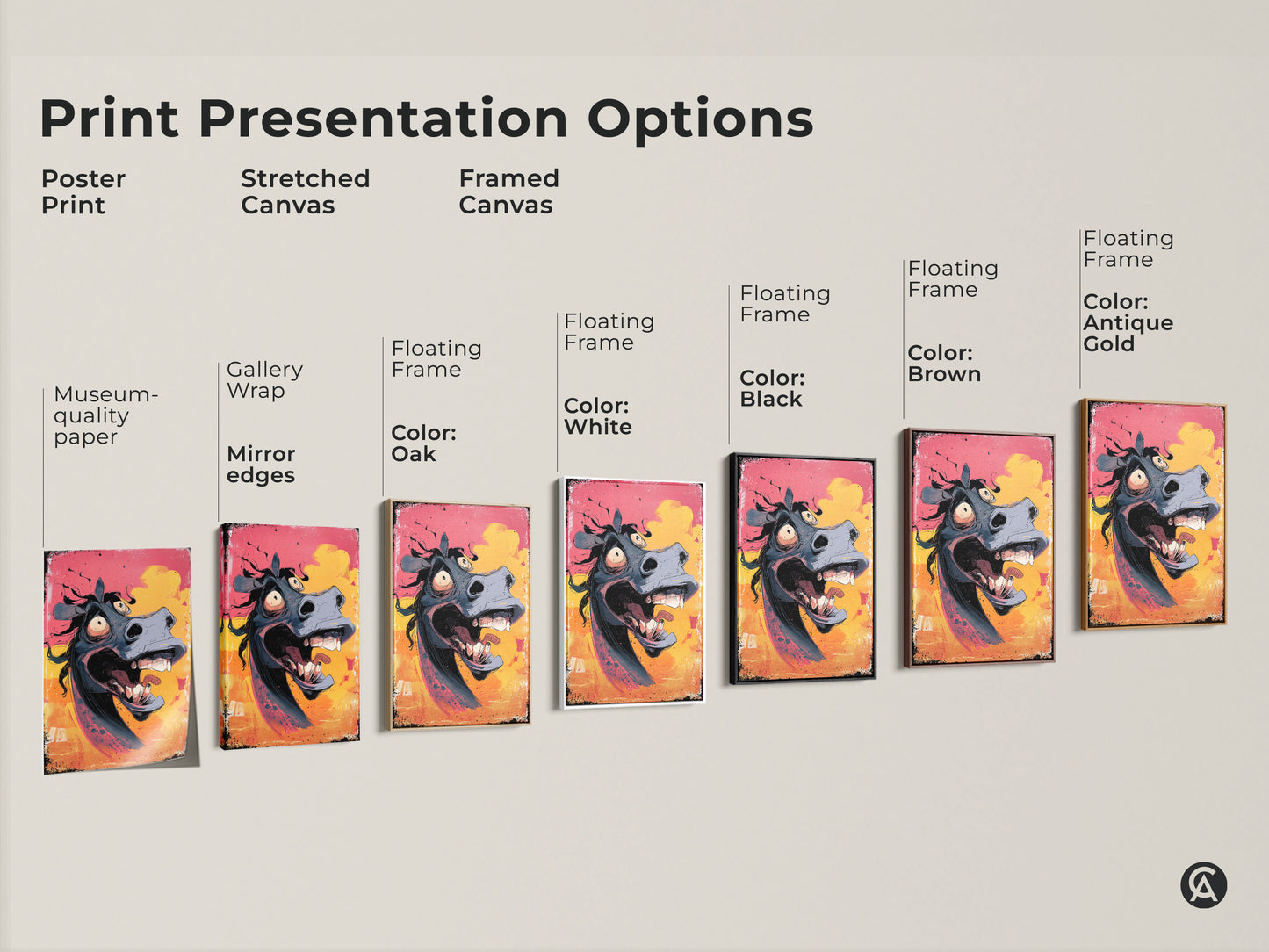 Print presentation options for cartoon horse artwork. Choose from poster stretched canvas or framed canvas. Floating frame colors include black brown antique gold white and oak. Find the perfect quirky animal artwork for your space or as a gift.