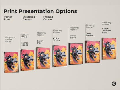 Print presentation options for cartoon horse artwork. Choose from poster stretched canvas or framed canvas. Floating frame colors include black brown antique gold white and oak. Find the perfect quirky animal artwork for your space or as a gift.