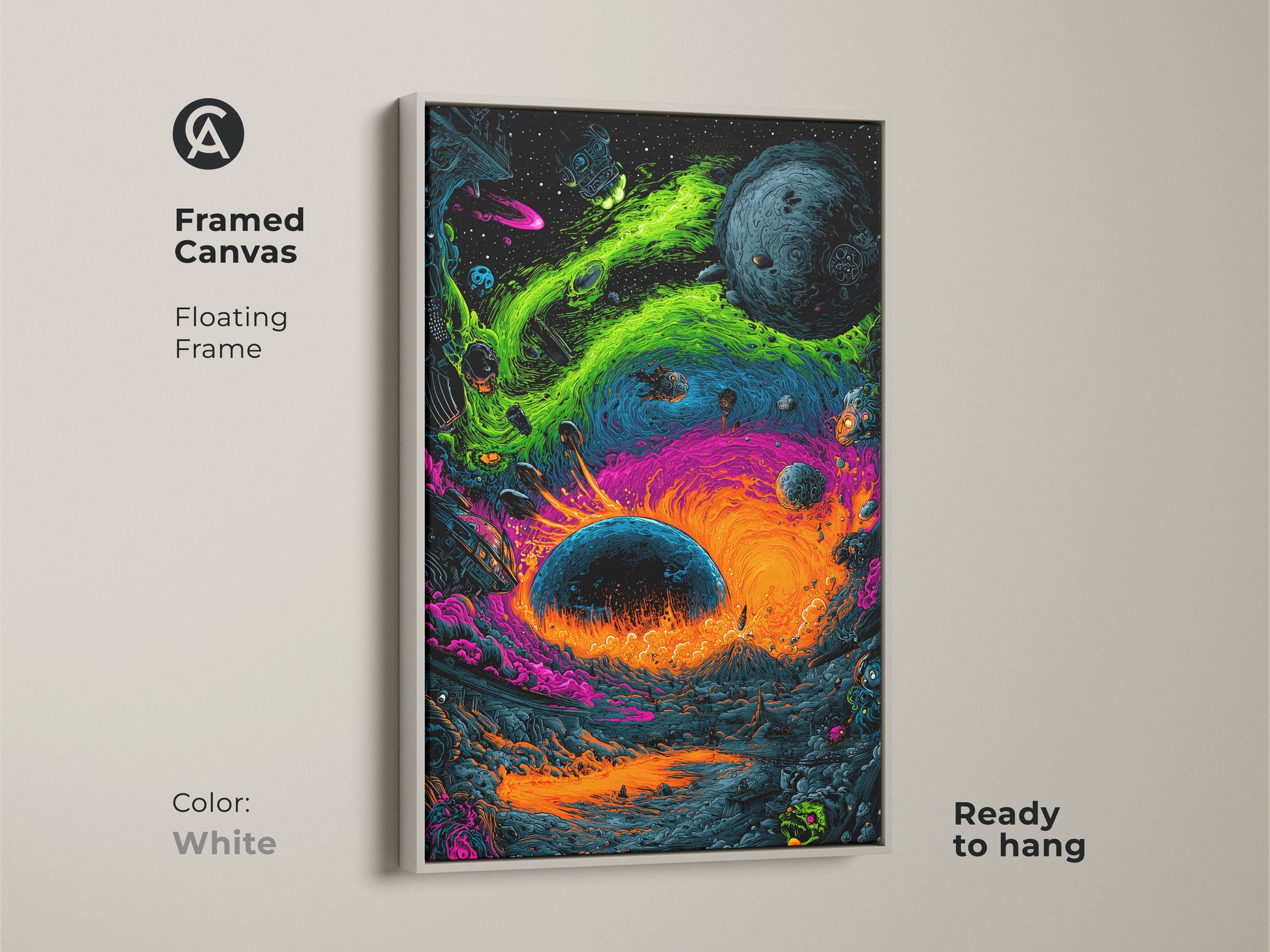 Brighten your home with this framed canvas art print. The white floating frame provides a clean modern look. This artwork showcases a vibrant space scene and alien landscape. Ready to hang this piece adds a touch of cosmic wonder to any room. The white frame allows the artwork to shine.