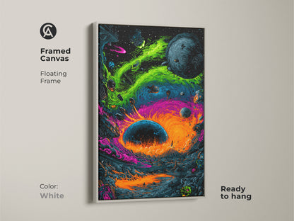 Brighten your home with this framed canvas art print. The white floating frame provides a clean modern look. This artwork showcases a vibrant space scene and alien landscape. Ready to hang this piece adds a touch of cosmic wonder to any room. The white frame allows the artwork to shine.