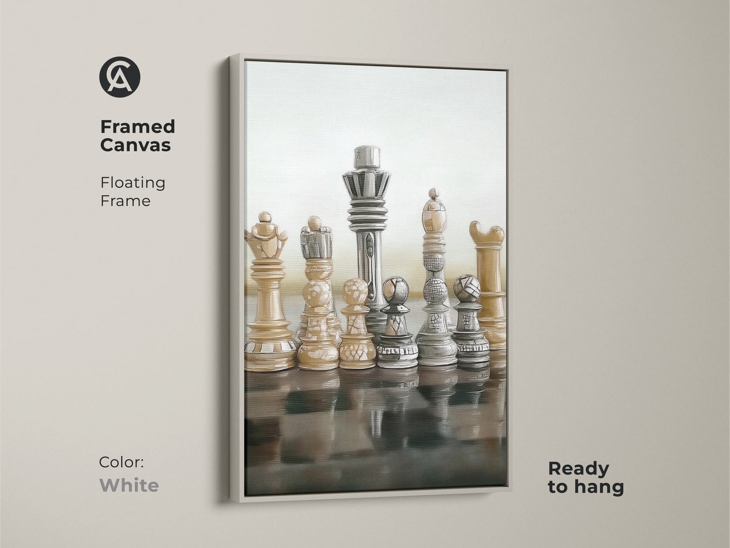 Enhance your space with framed canvas abstract chess art in a white floating frame ready to hang. The realistic King and Queen figures bring strategy to life. Beige brown gray tones add warmth making it ideal for modern office artwork. Sophisticated strategy game decor for intellectual interiors.