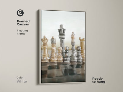 Enhance your space with framed canvas abstract chess art in a white floating frame ready to hang. The realistic King and Queen figures bring strategy to life. Beige brown gray tones add warmth making it ideal for modern office artwork. Sophisticated strategy game decor for intellectual interiors.