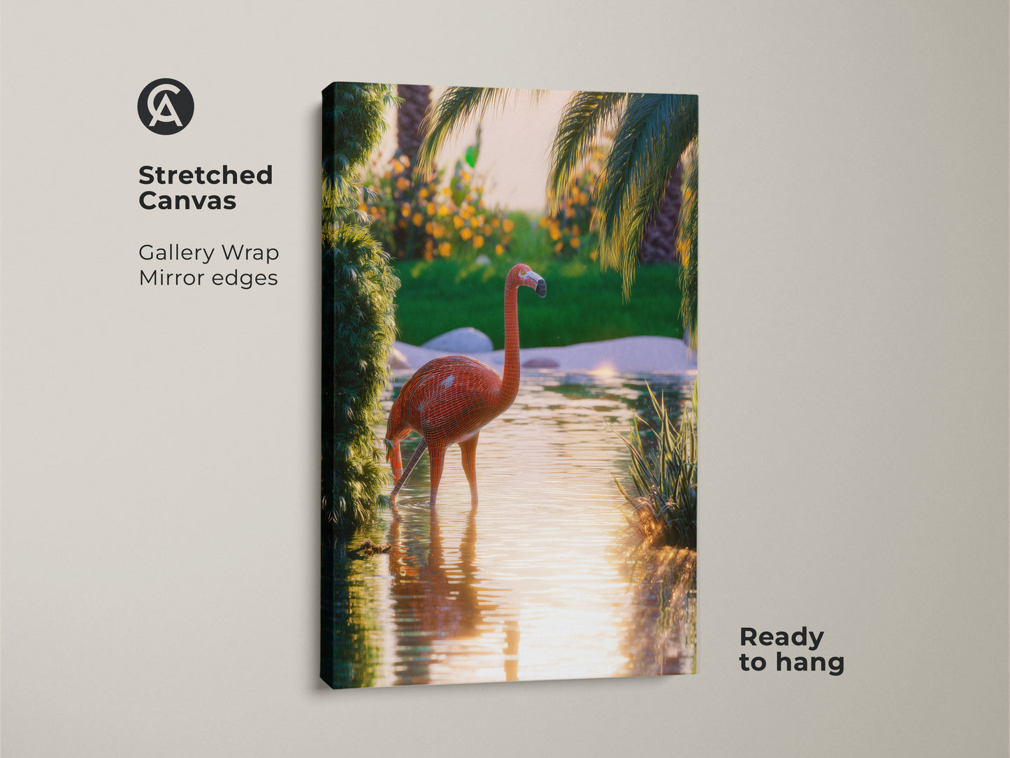 This stretched canvas shows a vibrant flamingo art print ready to hang. The gallery wrap has mirrored edges for a seamless look. This tropical nature canvas art features a surreal flamingo in a lush palm tree scene. Coral orange green artwork adds a boho chic touch to any room. Perfect for animal lovers.
